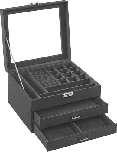 SONGMICS Joyero, organizador de almacenamiento de joyas con cerradura, caja de joyería con ventana de cristal, para anillos, aretes, tachuelas,