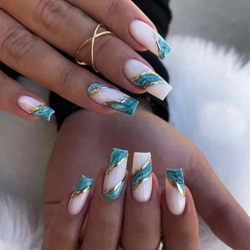 AL68S9 - Uñas postizas a presión de almendra, cortas, medianas, color azul, con diseño de rayas doradas, uñas postizas acrílicas para boda,