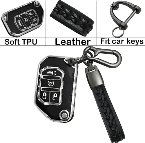 Miniatura 6 de Kirsnda Funda para llavero Jeep, funda con llavero, TPU suave que protege la carcasa de la llave del automóvil, compatible con Wrangler JL JLU Negro