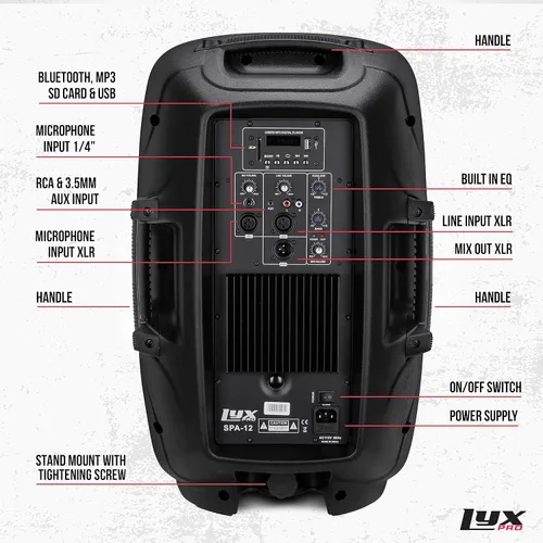 Miniatura 2 de LyxPro Sistema PA de 12" Potente Sistema de Altavoces Activos Portátiles Compactos con Ecualizador, Bluetooth, Ranura para Tarjeta SD, USB, MP3