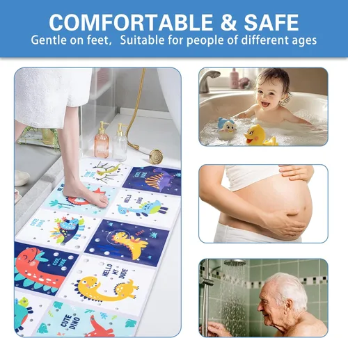 Miniatura 7 de Alfombra de baño para niños con diseño temático de océano, 40 x 16 pulgadas, antideslizante con 200 ventosas, patrón de animales marinos de dibujos