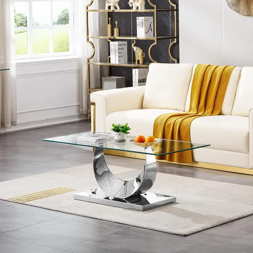Miniatura 154 de Mesa de centro de cristal de lujo, mesa de centro de sofá de 47 pulgadas con marco de acero inoxidable dorado y parte superior de vidrio negro, mesa