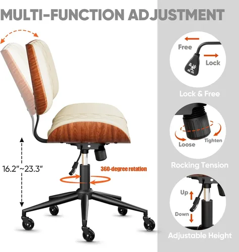 Miniatura 6 de Silla de escritorio de oficina en casa con ruedas giratorias, moderna silla de oficina sin brazos de piel sintética, pequeña silla de computadora