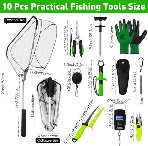 Miniatura 2 de RoundFunny Kit de herramientas de pesca de 10 piezas, alicates de pesca con cordón y fundas protectoras, salabre, cuchillo de filete, balanza