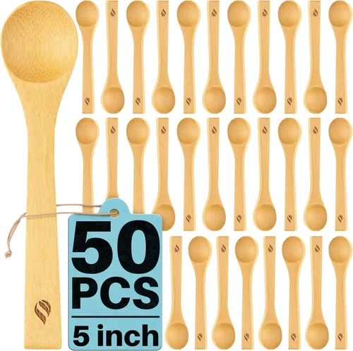 Miniatura 9 de Juego de cucharas de bambú (5 unidades), cucharaditas de cocina pequeñas, pequeñas cucharas de madera perfectas para azúcar, especias, condimentos