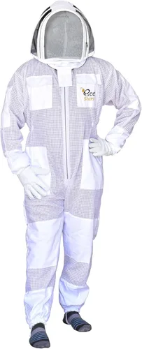Miniatura 2 de Traje de abeja de 3 capas con velo de esgrima y un par de guantes ventilados a prueba de picadura traje de apicultura para apicultores Blanco