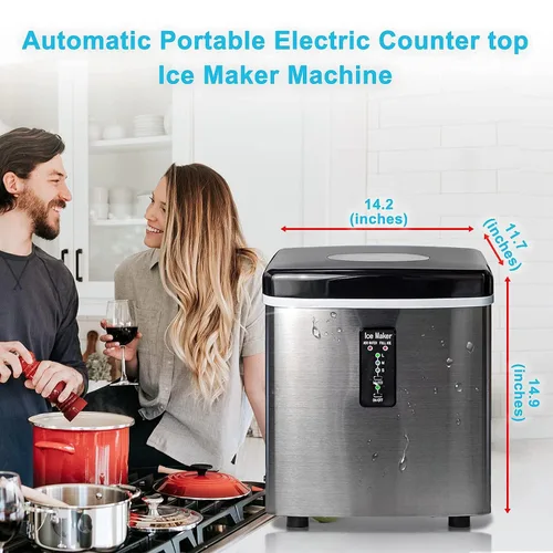 Miniatura 6 de Máquina de hacer hielo para encimera, máquina de hielo portátil con bala masticable para casa, oficina, bar, fiesta, 33 libras, acero inoxidable