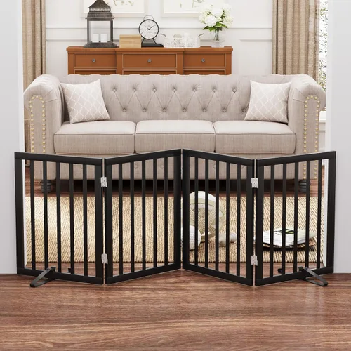 Miniatura 20 de Puerta plegable negra para mascotas de 18-55 pulgadas para escaleras y puertas, valla de puerta para cachorros