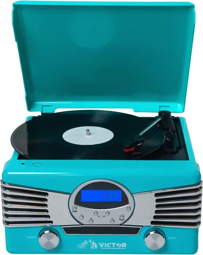 Victor VHRP-1400 Diner Centro de música de tocadiscos 7 en 1 con reproductor de discos, reproductor de CD/MP3, radio AM/FM, Bluetooth, reproducción