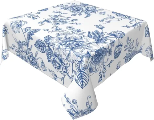 Miniatura 35 de BETGINY - Mantel cuadrado floral azul de 54 x 54 pulgadas, mantel decorativo de estilo chinoiserie con flores, tela rústica lavable para granja