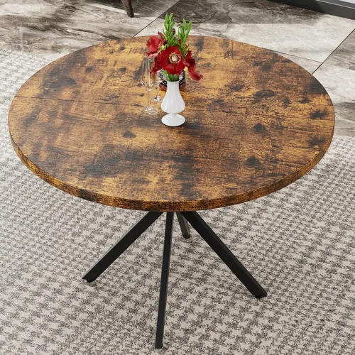 Miniatura 6 de Mesa de comedor redonda: mesa marrón moderna de 39 pulgadas con base en X negra para 4-5 personas, perfecta para espacios pequeños y apartamentos
