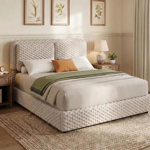 REVOMINCA Marco de cama de tamaño matrimonial, marco de cama suave con 2 cabeceras de almohada, marco de cama tapizado de felpa de piel sintética,