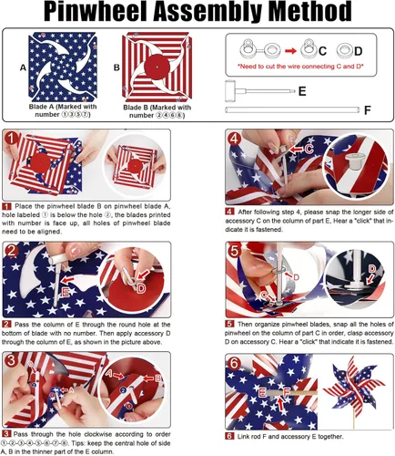 Miniatura 5 de HOOSUN 12 piezas de molinillos patrióticos con bandera americana para patio y jardín, molinillos rojos blancos y azules decorativos patrióticos
