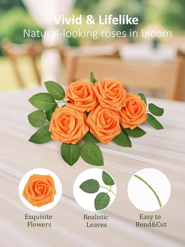 Miniatura 269 de N&T NIETING Flores artificiales, rosas artificiales de color rosa intenso, 50 piezas de flores falsas con tallo para ramos de boda DIY, centros