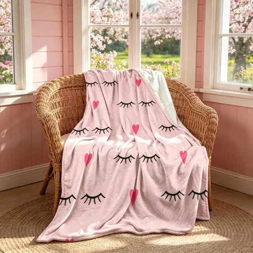 Manta de pestañas coqueta rosa con corazones y lunares, bonita manta (50 x 60 pulgadas), decoración de habitación de franela suave, regalos para