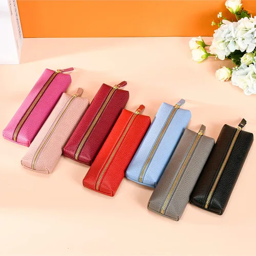 Miniatura 7 de Estuche de cuero auténtico para bolígrafos, estuche de cuero de vaca con cremallera, suave bolsa de cuero negra para adultos.