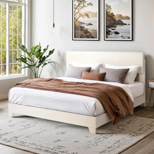 Miniatura 3 de SHA CERLIN Base de cama tamaño completo con cabecera ajustable, plataforma tapizada de piel sintética con listones de madera, base de colchón Blanco