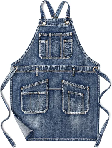 Jeanerlor - Delantal de peluquería de trabajo estilo lavado con bolsillos para mujeres y hombres Azul denim