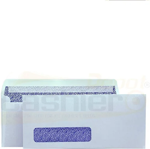 100 sobres de cajero #10 con ventana izquierda, 4 1/8 x 9 1/2 pulgadas, tejido blanco de 24 libras, teñido de seguridad, despegar y sellar, 100