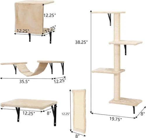 Miniatura 4 de Muebles montados en la pared de árbol para gatos, estantes de escalada para jugar con gatitos y relajarse, incluye tabla de rascar, puente de Beige