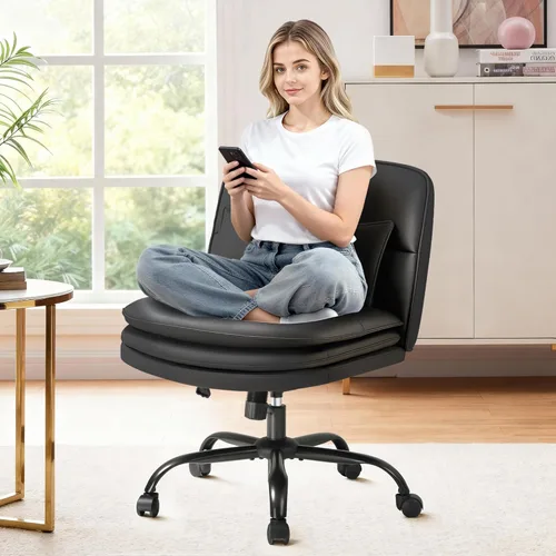 Miniatura 9 de Furmax Silla de Oficina con Patas Cruzadas con Ruedas, Asiento Extra Ancho Sin Brazos Silla de Escritorio Giratoria, Altura Ajustable Silla
