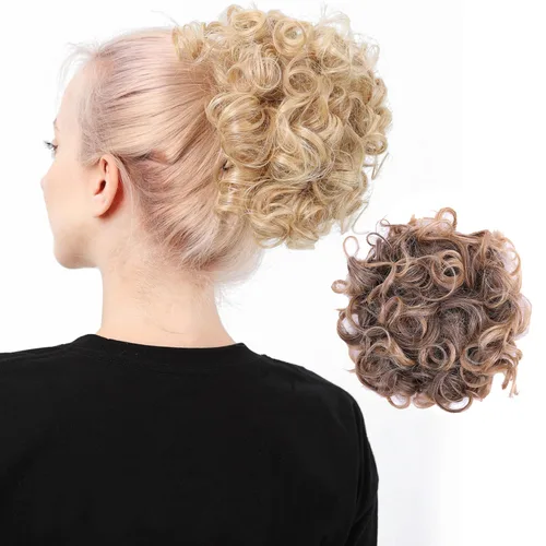 Miniatura 9 de Moño de cabello rizado desordenado, pieza de cabello sintético resistente al calor, extensiones de moño de cabello despeinado con cordón Updos Negro