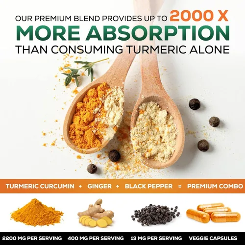 Miniatura 6 de Suplemento de curcumina de cúrcuma – 2000 mg de cúrcuma orgánica por porción – 95% curcuminoides, jengibre y pimienta negra BioPerine para una mejor