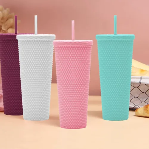 Miniatura 5 de Vaso Tachonado DIY de 24oz. Vaso Tachonado Negro Mate con Tapa y Pajita. Vaso de Viaje Reutilizable con Aislamiento de Doble Pared. Vaso de Plástico
