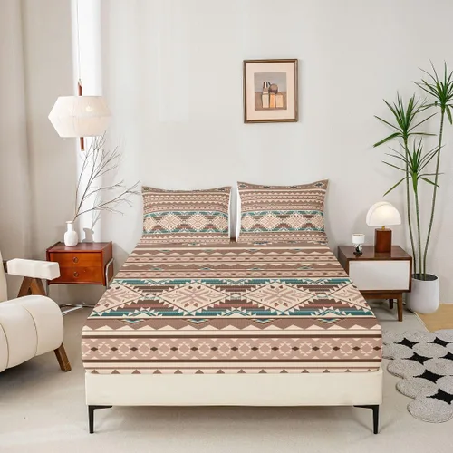 Miniatura 2 de Juego de ropa de cama occidental tamaño individual, sábanas aztecas, estilo nórdico exótico, bohemio, sábana bajera ajustable de tribu india
