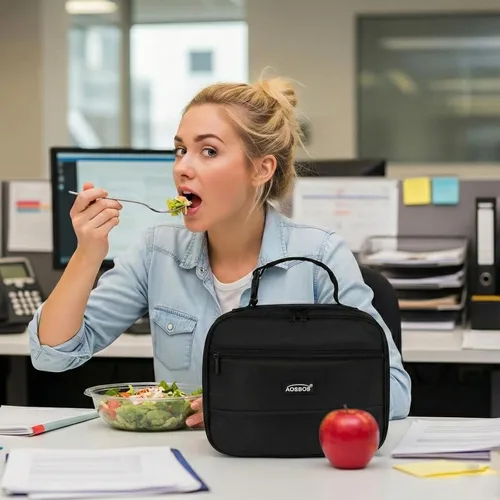 Miniatura 2 de Aosbos - Bolsa de almuerzo aislada para adultos - Elegante lonchera pequeña en sarga para trabajo, oficina - Bolsa de almuerzo suave y portátil