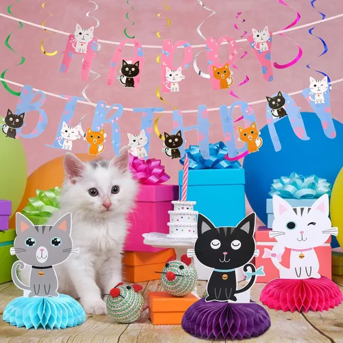 Miniatura 3 de Chinco Kit de 16 Piezas de Suministros de Fiesta de Cumpleaños con Tema de Gato, Incluye Bandera de Fiesta de Gato con 6 Recortes Colgantes, 6