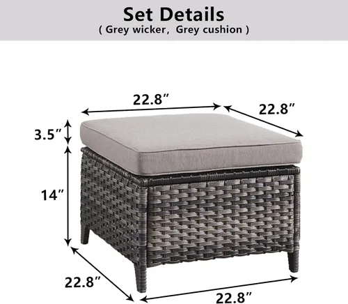 Miniatura 3 de Belord Juego de 2 taburetes otomanos de mimbre de ratán para todo tipo de clima, con cojines suaves para muebles de patio Cojín de mimbre gris/gris