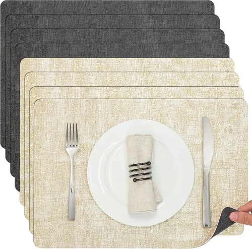 Miniatura 41 de Myir JUN Juego de 6 manteles individuales de doble cara, de piel sintética, para interiores, para mesa de comedor, exteriores, cuadrados, Negro
