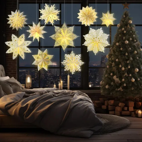 Miniatura 4 de Mudder 10 piezas de linterna de papel copo de nieve, linterna de papel estrella con 14 luces LED, lámpara de papel, decoración colgante de fiesta