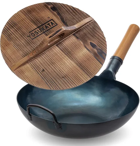 YOSUKATA Wok Pan de acero al carbono azul de 13.5 pulgadas + cubierta de wok de primera calidad con tapa de sartén de 13.5 pulgadas