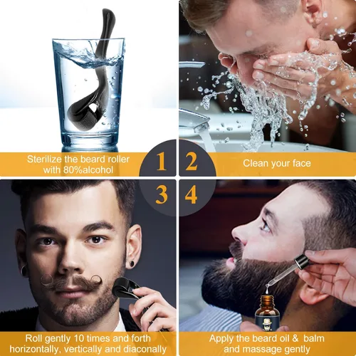 Miniatura 9 de Kit de crecimiento de barba, aceite para el crecimiento de la barba (2 onzas) con biotina y aceite de ricino, masajeador de barba para barba Azul