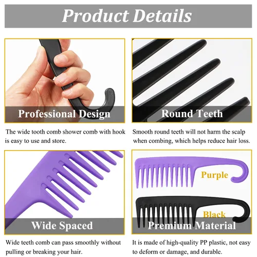 Miniatura 3 de Peine de dientes anchos y grandes, 2 piezas, peines de ducha con gancho para cabello rizado mojado, peines de cepillo de pelo grande premium