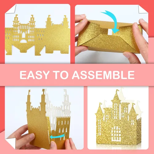 Miniatura 2 de Caja dorada de castillo de princesa de 24 piezas, decoración de fiesta de cumpleaños de princesa, centro de mesa de castillo dorado, suministros