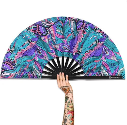 Miniatura 22 de Ventilador plegable grande, ventilador Clack Rave de 13 pulgadas, ventilador de mano para mujeres y hombres con tela de satén de alta calidad, marco