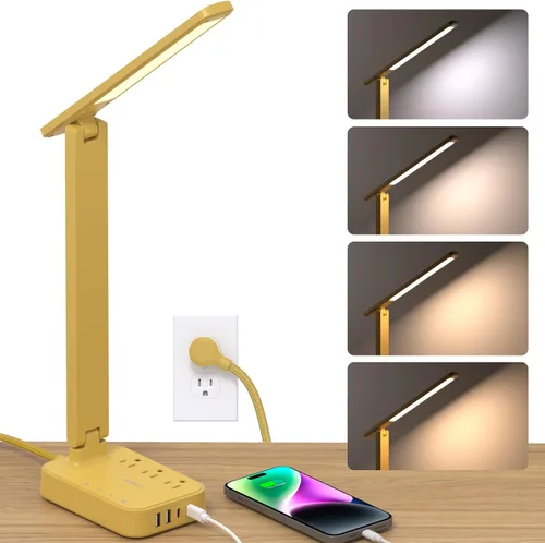 Miniatura 9 de Addtam Lámpara LED de escritorio, tira de alimentación con 3 tomas, 4 puertos de carga USB (2 USBC), 4 modos, lámpara táctil de 5 niveles de brillo