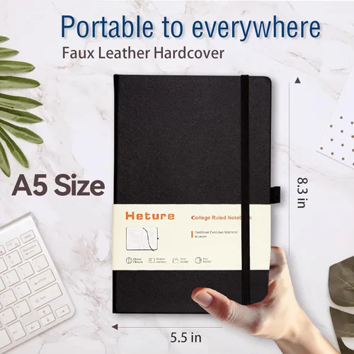 Miniatura 2 de Heture Cuadernos de tapa dura, cuadernos rayados A5 para escribir 160 páginas, 8.2 x 5.5 pulgadas, cuadernos clásicos a rayas para universidad, Negro