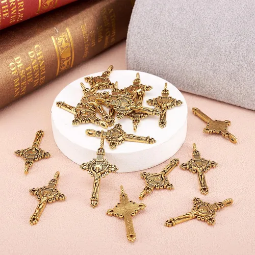 Miniatura 6 de Pandahall - 20 dijes colgantes de cruz de crucifijo estilo tibetano para rosario, cuentas sagradas, collares, joyería, oro antiguo, 1.969 x 1.102 x