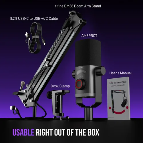 Miniatura 9 de Kit de micrófono de juego FIFINE, micrófono dinámico XLR/USB para PC con brazo articulado para grabación de podcast, juego de micrófono RGB