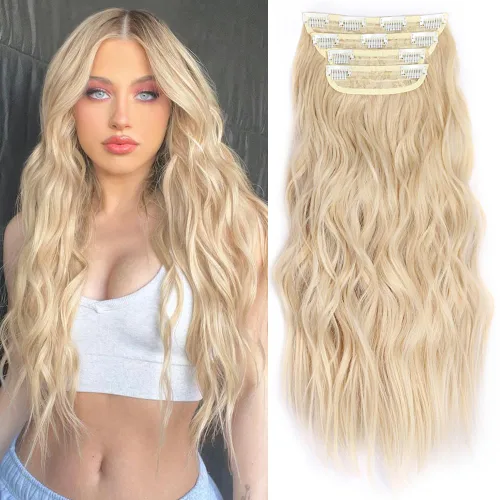 Miniatura 45 de ALXNAN Extensiones de cabello sintético largo y ondulado con clip, de 16 pulgadas, color negro natural, 4 piezas gruesas, fibra de doble trama