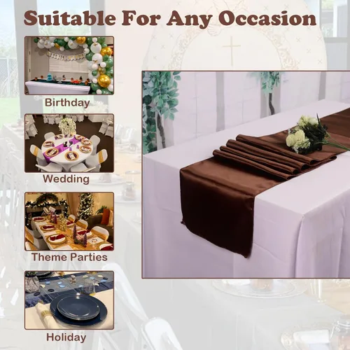 Miniatura 6 de Juego de 10 caminos de mesa satinados color marrón chocolate de 12 x 108 pulgadas de largo Premium Satin Table Runner, Smooth Silk Fabric