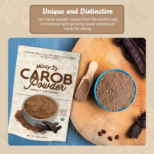 Miniatura 6 de Missy J's Polvo de algarrobo tostado orgánico de 8 onzas, paquete de 6 Hecho de algarroba, vegano y sin gluten Sustituto saludable sin cafeína