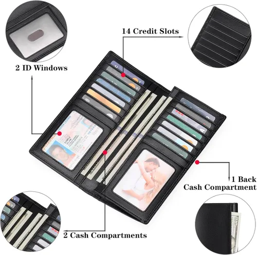 Miniatura 4 de FALAN MULE Cartera de cuero genuino con bloqueo RFID delgada con tarjetero largo plegable para tarjetas de crédito para hombres, Negro -, Moda