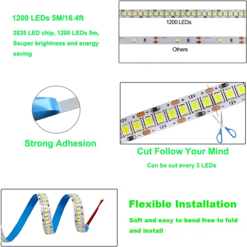 Miniatura 7 de Tira de luces LED, DC12V 5m/16.4ft regulable 2835 luces LED, súper brillante, 1200 LED, 24000 lm, tira de luces LED impermeable IP65, 2 veces más