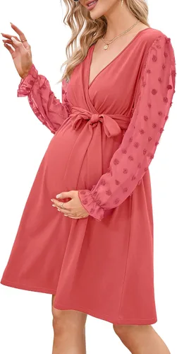 Vestido de maternidad de manga larga con lunares suizos, cuello en V, para otoño, casual, bohemio, vestido midi para baby shower, sesión de fotos