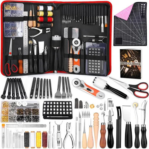 IMZAY Kit de trabajo de cuero de 415 piezas, kit de herramientas de cuero, kit de manualidades de cuero para principiantes con herramientas de